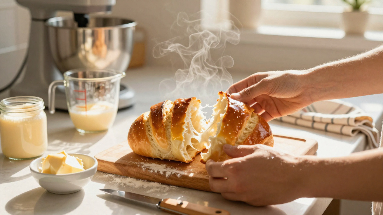 Frisch gebackenes, dampfendes Brot wird in zwei Teile auf einem Holzbrett in einer hellen Küche geteilt.