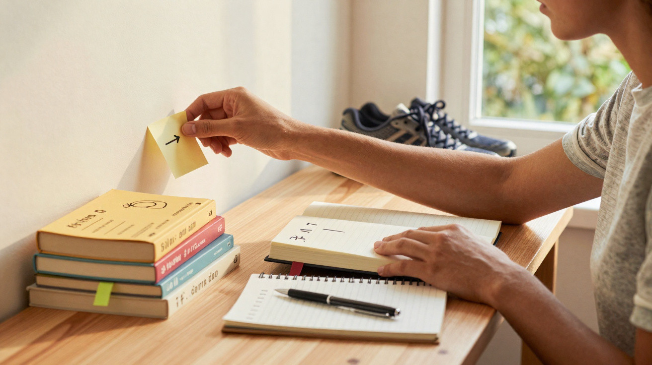 Person klebt Notizzettel an Wand, neben Notizbuch und Bücherstapel auf Holzschreibtisch.