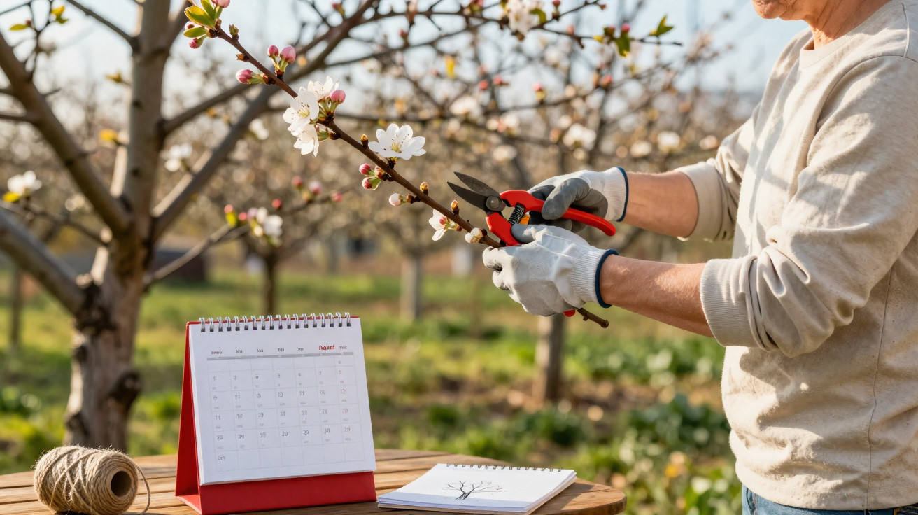 Person schneidet blühenden Ast mit Gartenschere, Kalender und Notizbuch auf Holztisch im Garten