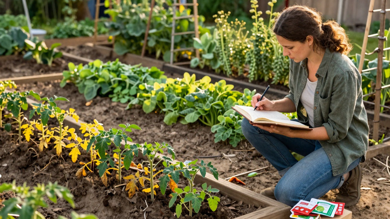 Frau notiert im Garten in Notizbuch, umgeben von Tomaten- und Blattgemüsepflanzen in Beeten.