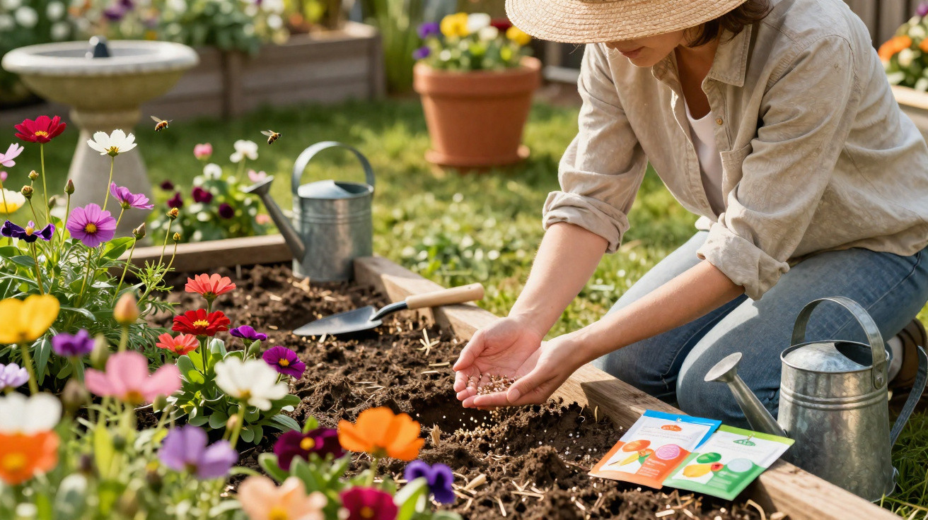 Frau mit Strohhut säht Samen in ein Hochbeet, umgeben von bunten Blumen und Gartengeräten.