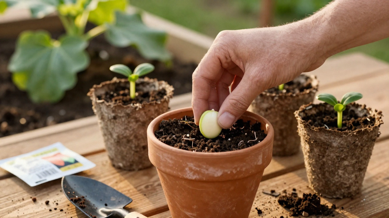 Hand pflanzt Samen in roten Blumentopf, umgeben von Keimlingen und Gartengeräten auf Holztisch.