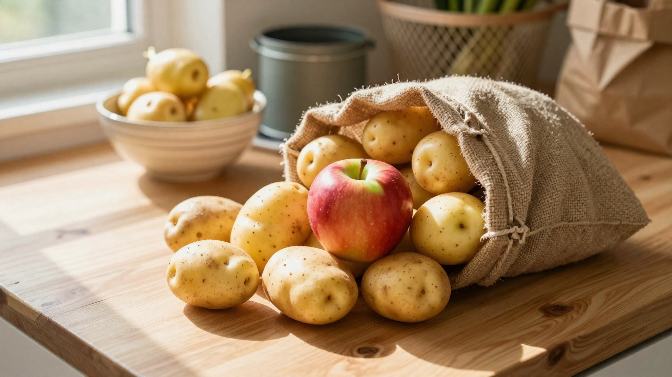 Ein Jutesack mit Kartoffeln und einem roten Apfel auf einem Holztisch nahe einem Fenster.