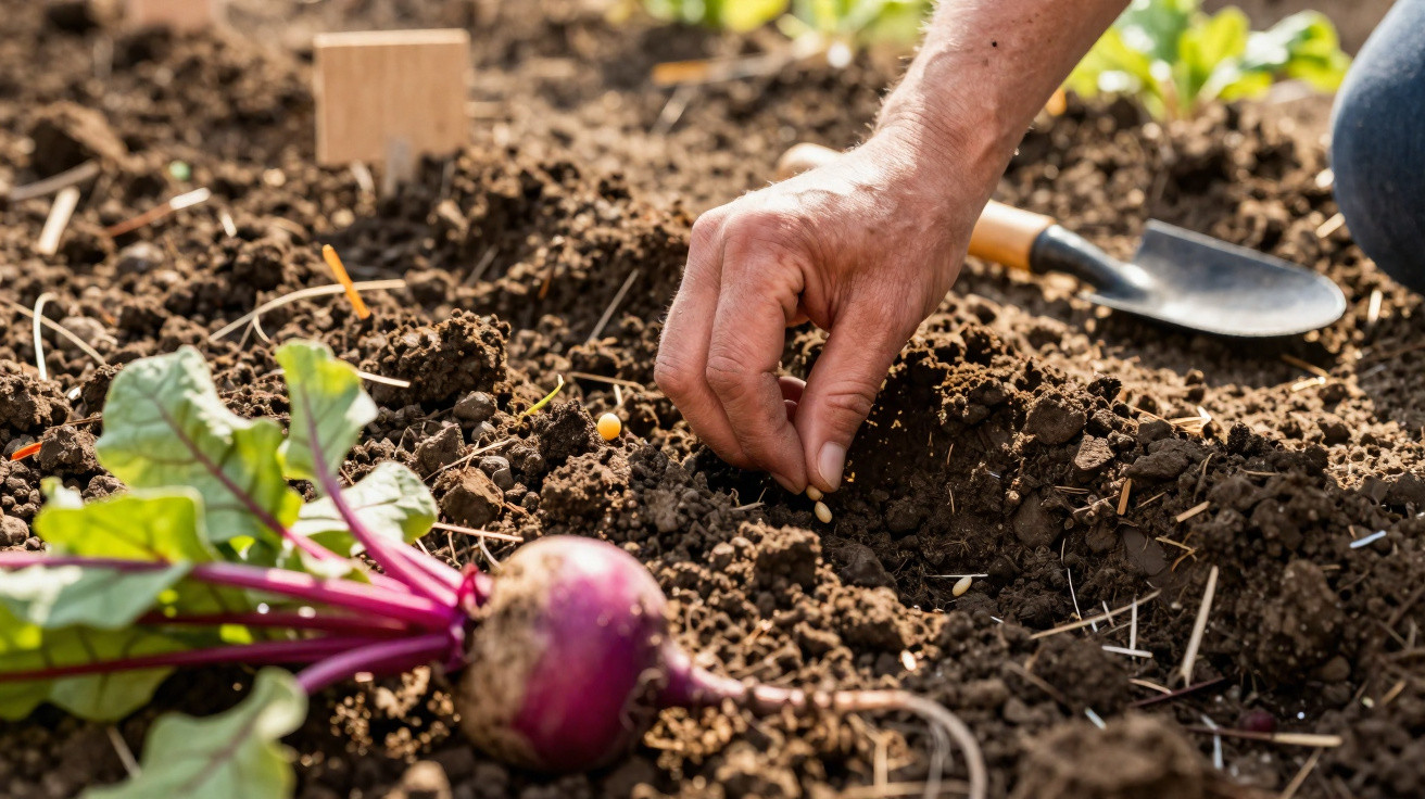 Hand pflanzt Samen in braune Gartenerde, rote Rote Bete mit grünen Blättern liegt daneben.