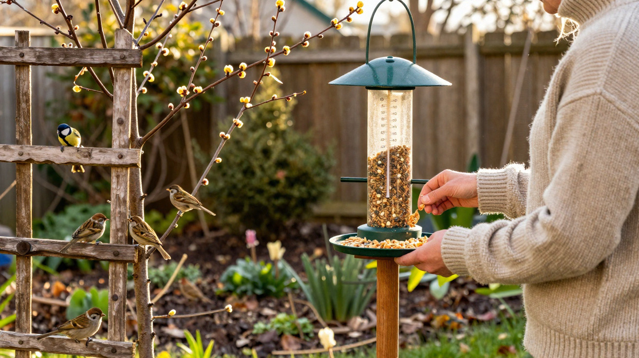 Person füttert Vögel an einem Futterhaus im herbstlichen Garten mit Sträuchern und Holzgitter.
