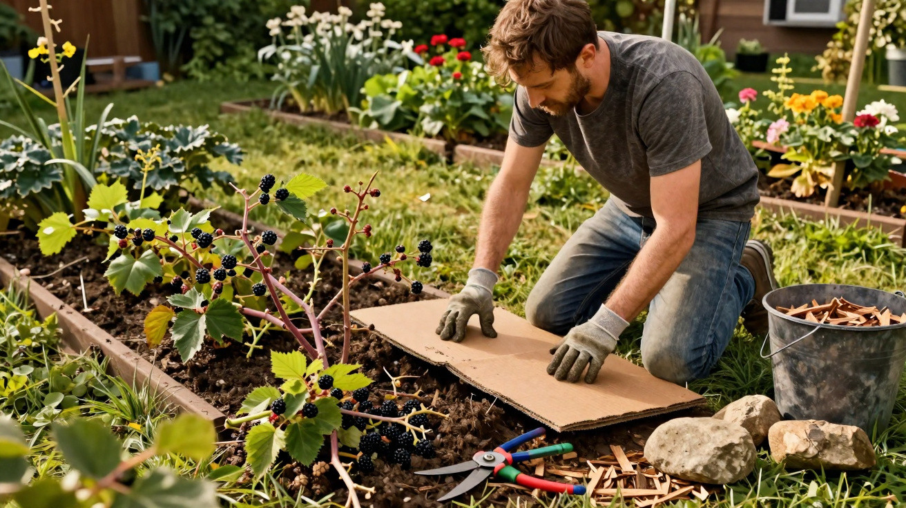 Mann im Garten kniet an Beet mit Brombeerstrauch und legt Pappe zur Unkrautunterdrückung aus.