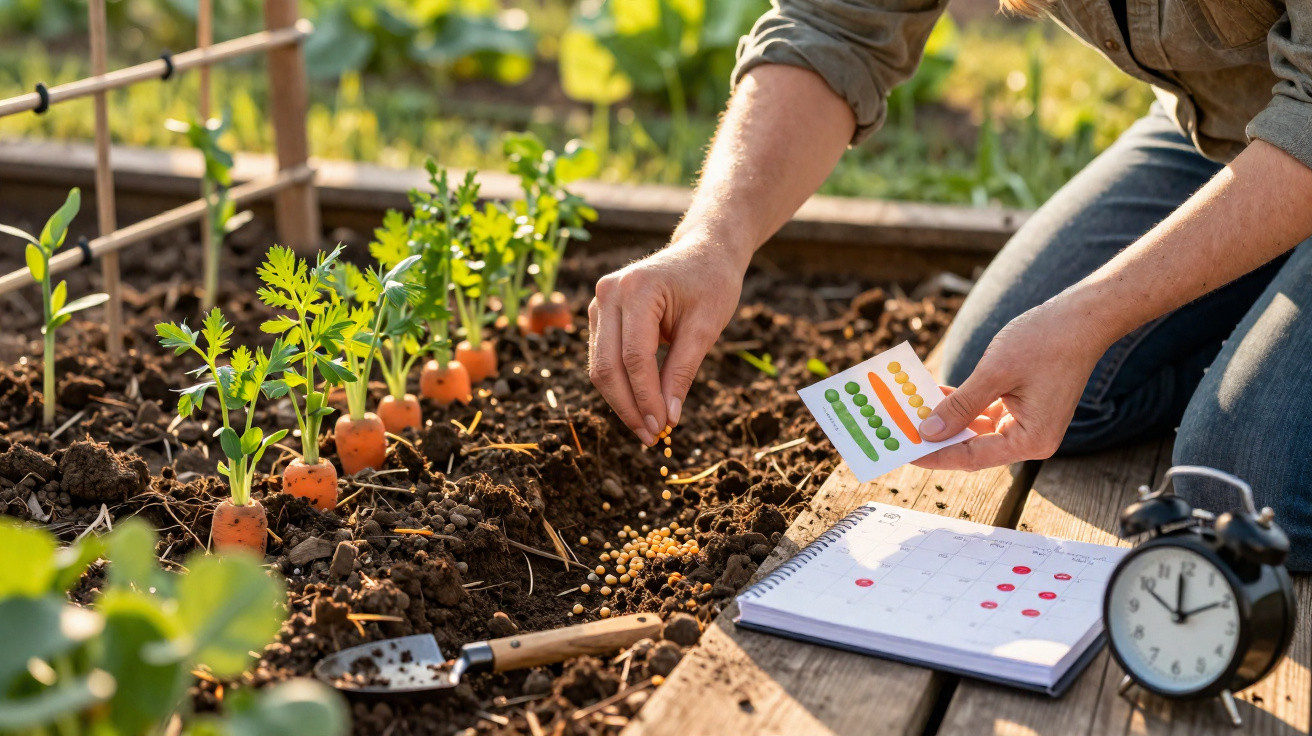 Person sät Samen in Gartenbeet, neben Notizbuch, Uhr und Pflanzensamen-Karte auf Holzbrett.