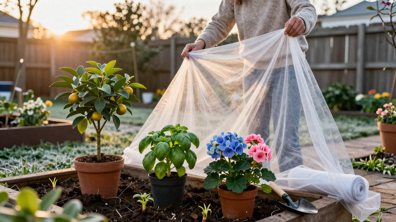 Person im Garten breitet Schutzfolie über Pflanzen auf einem Hochbeet bei Sonnenaufgang aus.