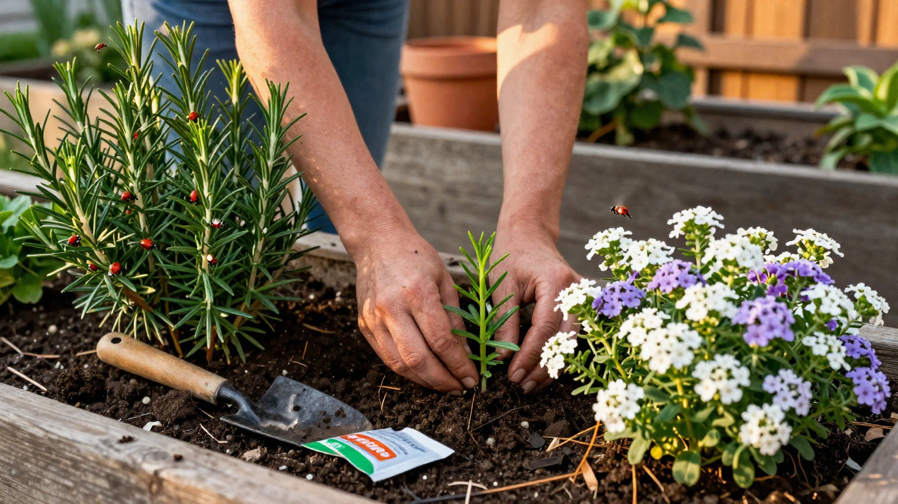 Person pflanzt Setzling in Hochbeet mit Werkzeug und Blühpflanzen im Garten.