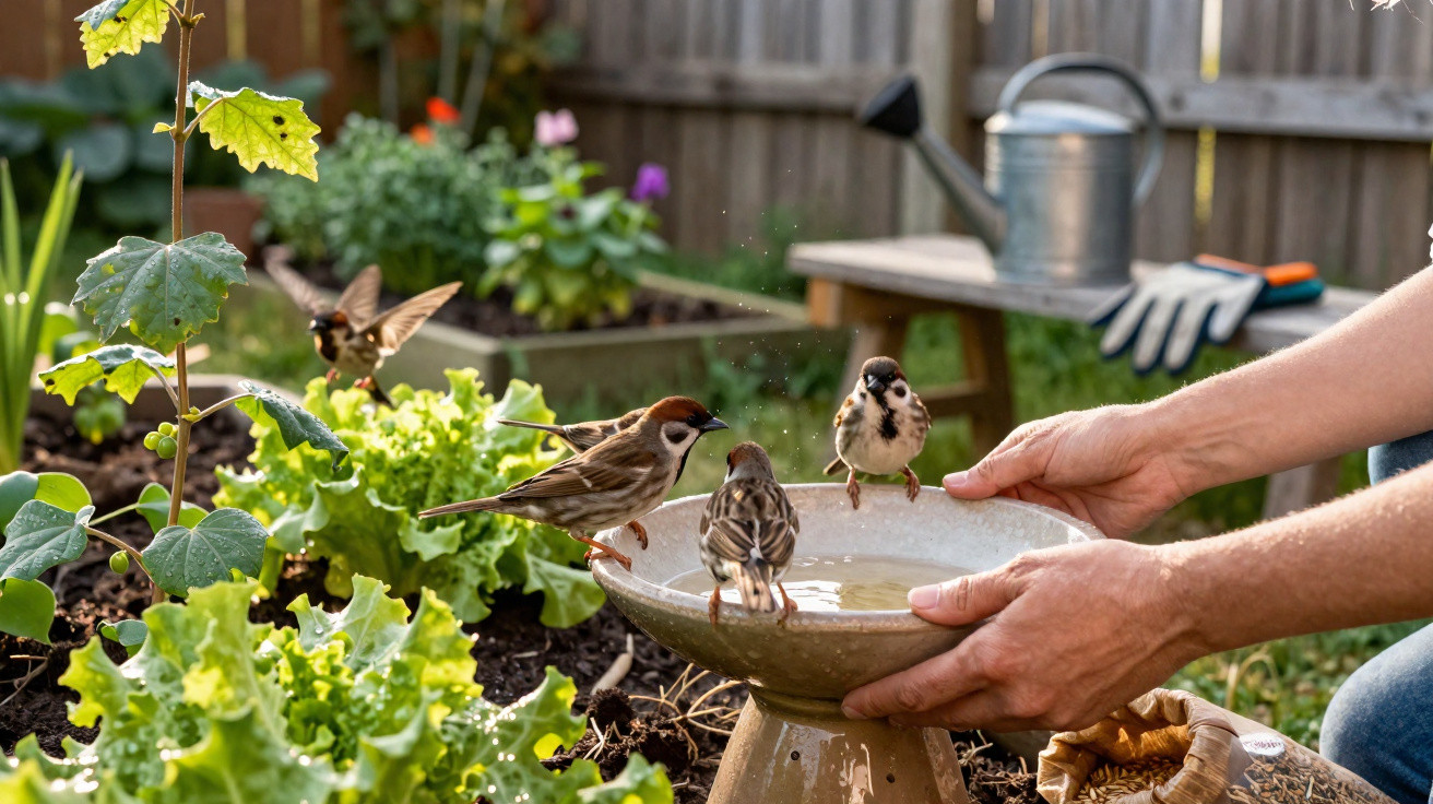 Vögel trinken Wasser aus einem Vogelbad, Hände halten die Schale im Garten mit Pflanzen und Gartengeräten.