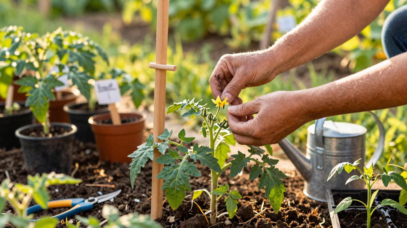 Person pflegt Tomatenpflanze mit gelber Blüte im Gartenbeet, umgeben von weiteren Töpfen und Gartengeräten.