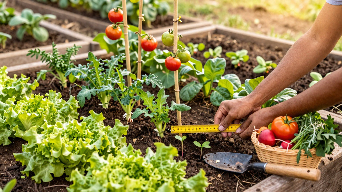 Person misst Abstand zwischen jungen Pflanzen in einem Gemüsehochbeet mit Tomaten und Salat.