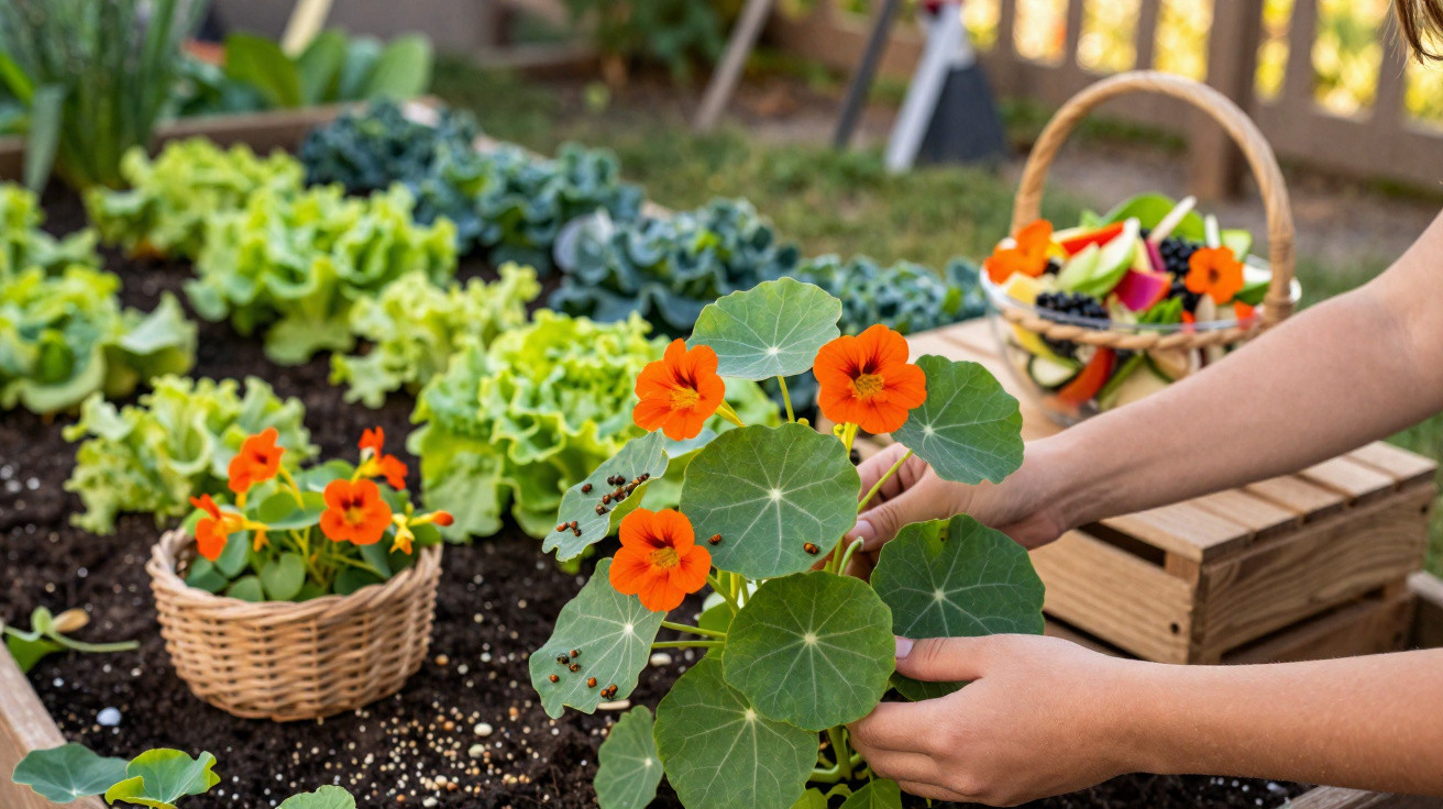 Hände pflanzen Kapuzinerkresse mit orangen Blüten in einem Hochbeet mit Salat und Gemüse in Körben.