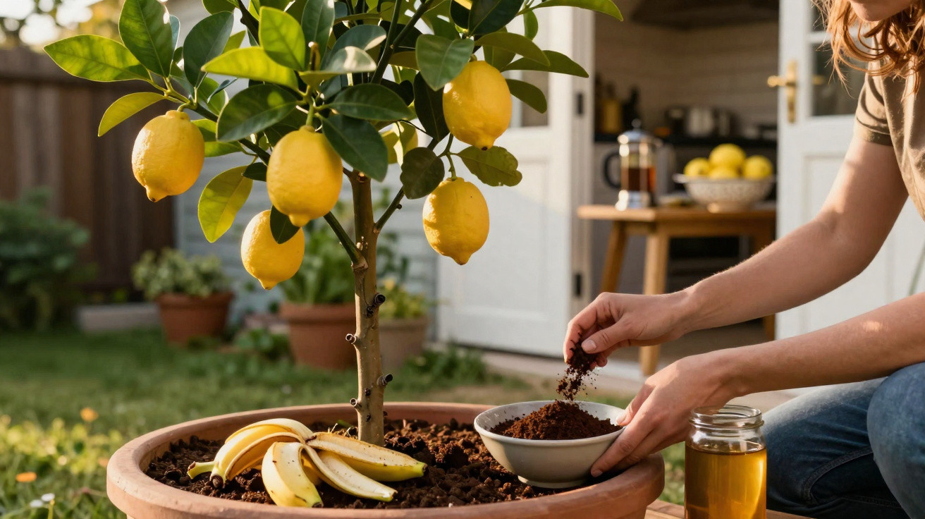 Nahaufnahme eines Zitronenbaums in einem Topf im Garten mit einer Person, die Erde in den Boden streut.