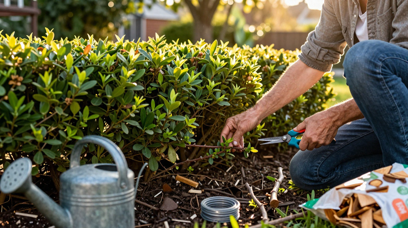 Person schneidet mit Gartenschere Zweige eines Strauchs in einem sonnigen Garten zurück.