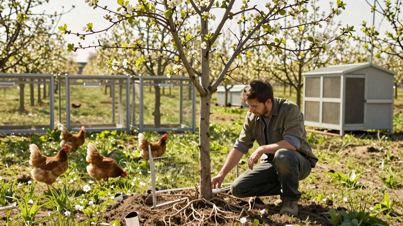 Mann pflegt Baumwurzel in einer Obstplantage mit frei laufenden Hühnern und mobilen Hühnerställen.