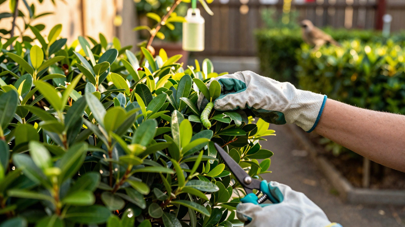Person mit Handschuhen schneidet einen grünen Strauch mit einer Gartenschere in einem Garten.