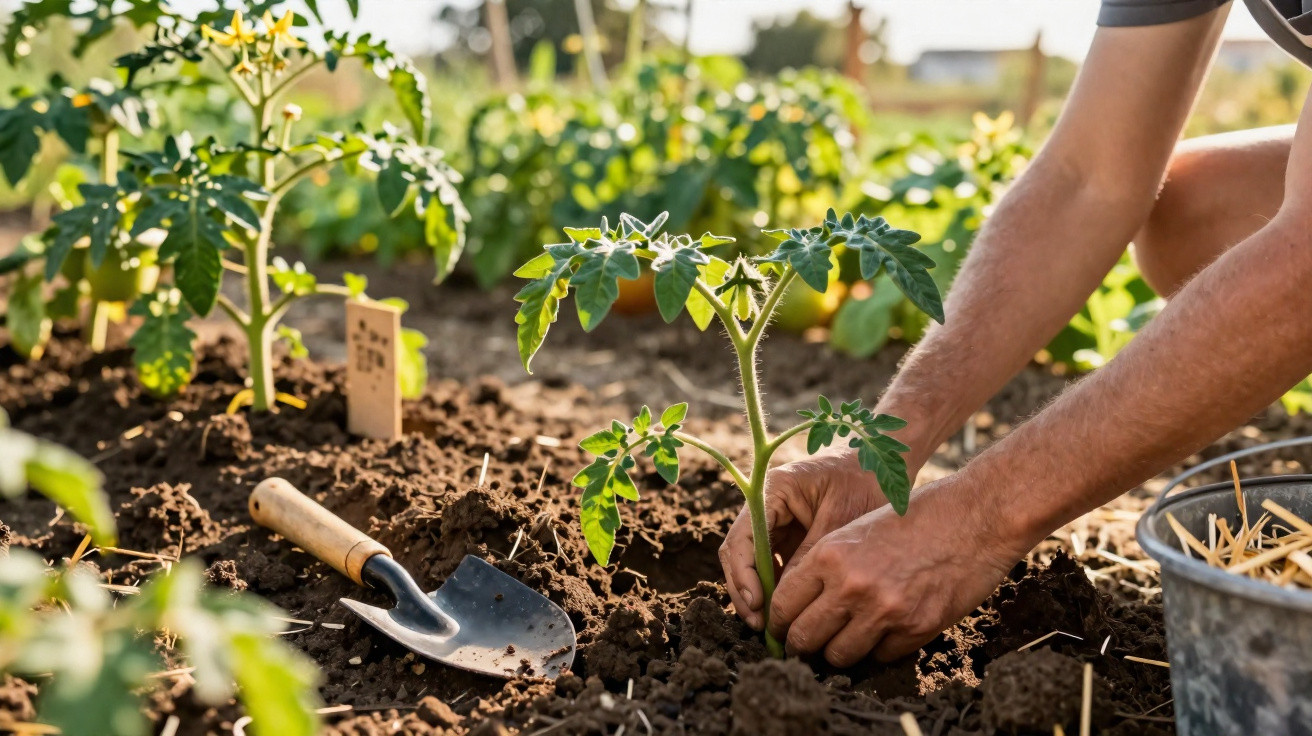 Person pflanzt jungen Tomatenpflanzen in einem sonnigen Gartenbeet mit Gartenschaufel und Erde.