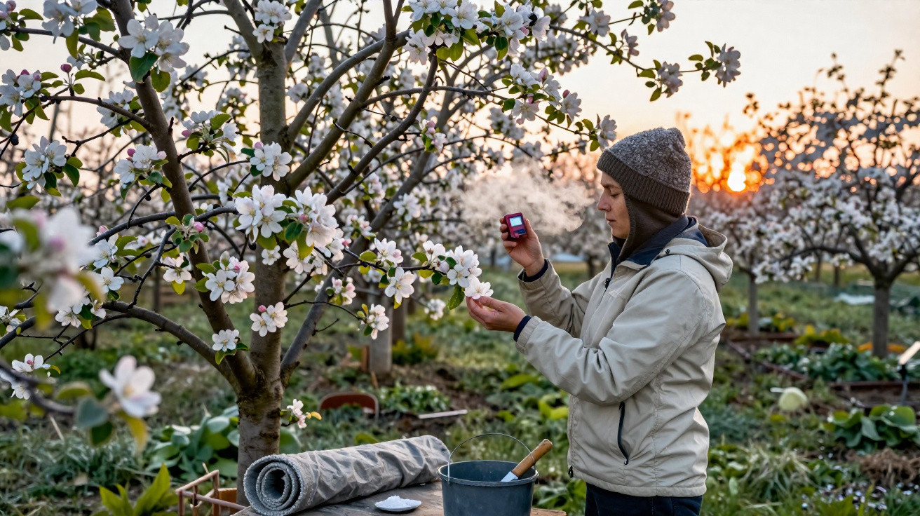 Person misst Temperatur an blühendem Baum in Obstgarten bei Sonnenuntergang.