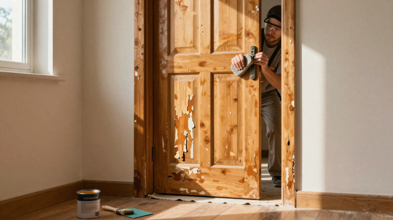 Ein Einbrecher kniet hinter einer beschädigten Holztür und versucht, das Türschloss zu öffnen.