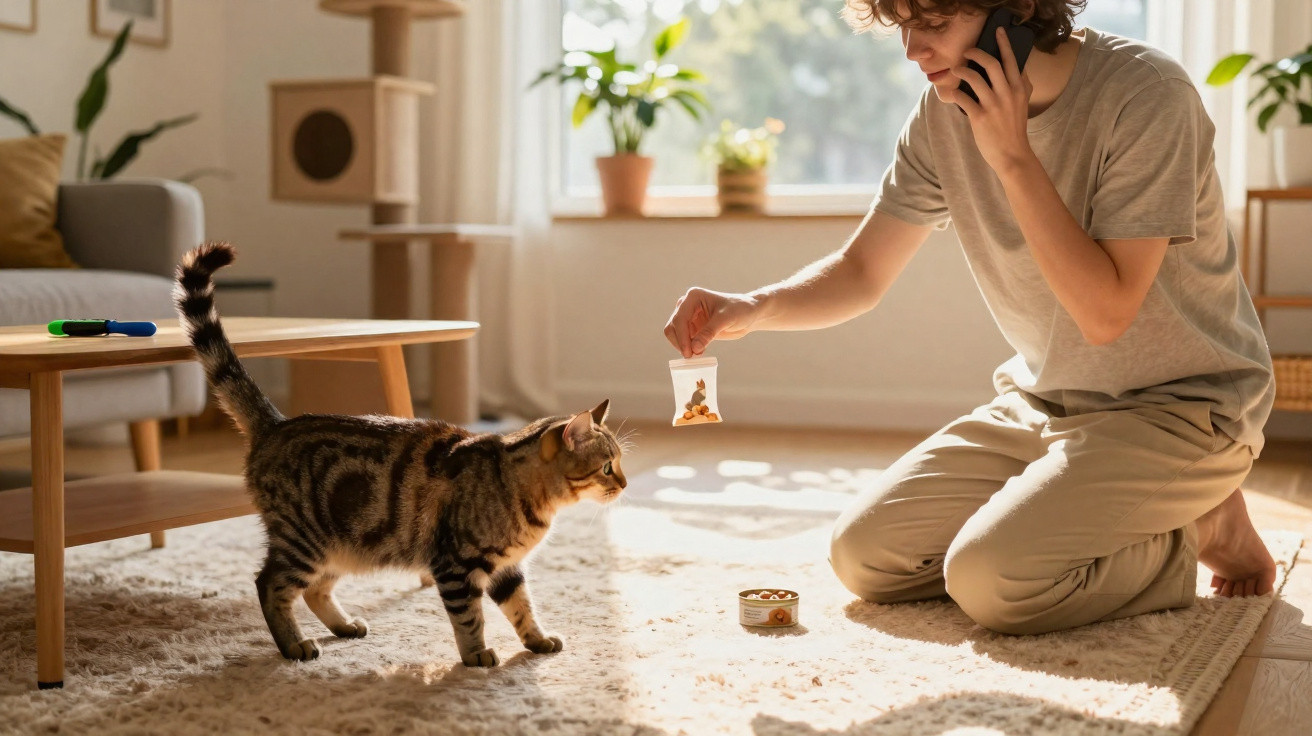 Junge Person kniet im Wohnzimmer und füttert eine neugierige Katze mit Leckerlis, während sie telefoniert.