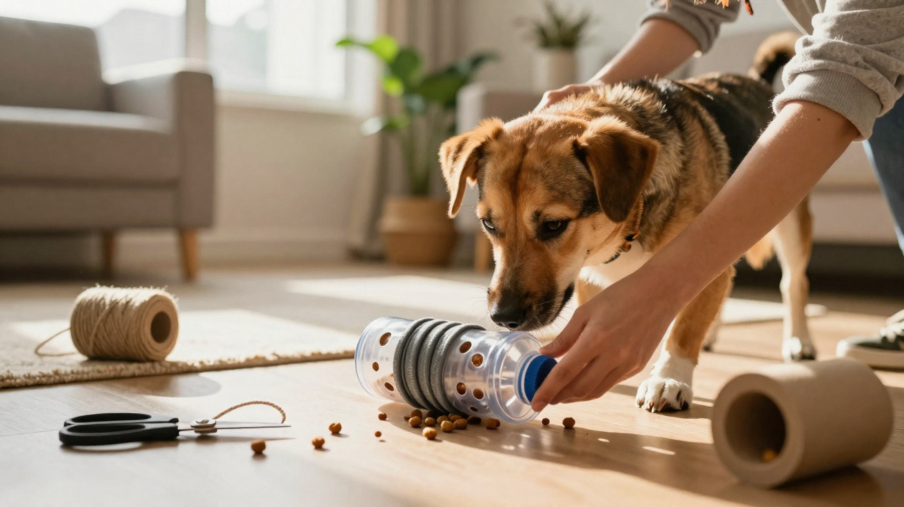 Hund schnüffelt an selbstgemachtem Futterspender aus Plastikbecher in hellem Wohnzimmer.