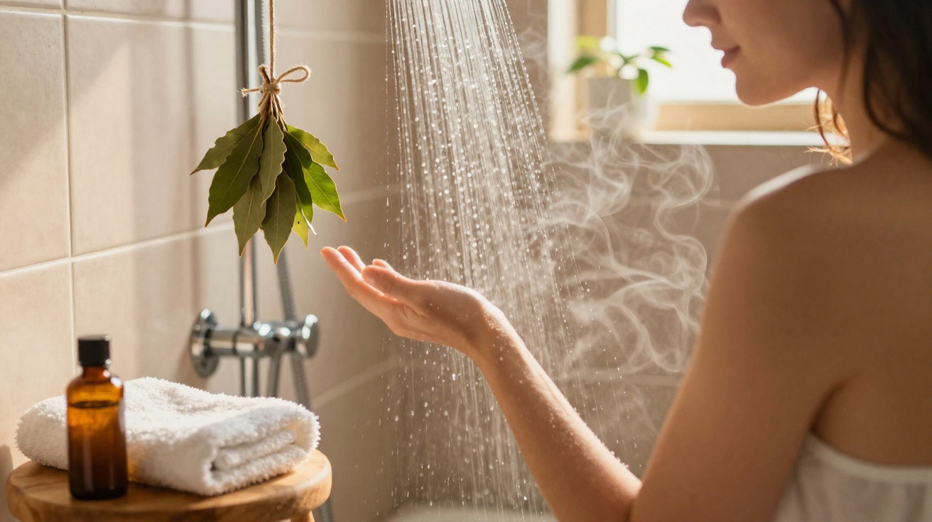 Frau fühlt warmes Wasser unter der Dusche, Dampf steigt auf, Lavendelzweige und Handtücher im Badezimmer sichtbar.