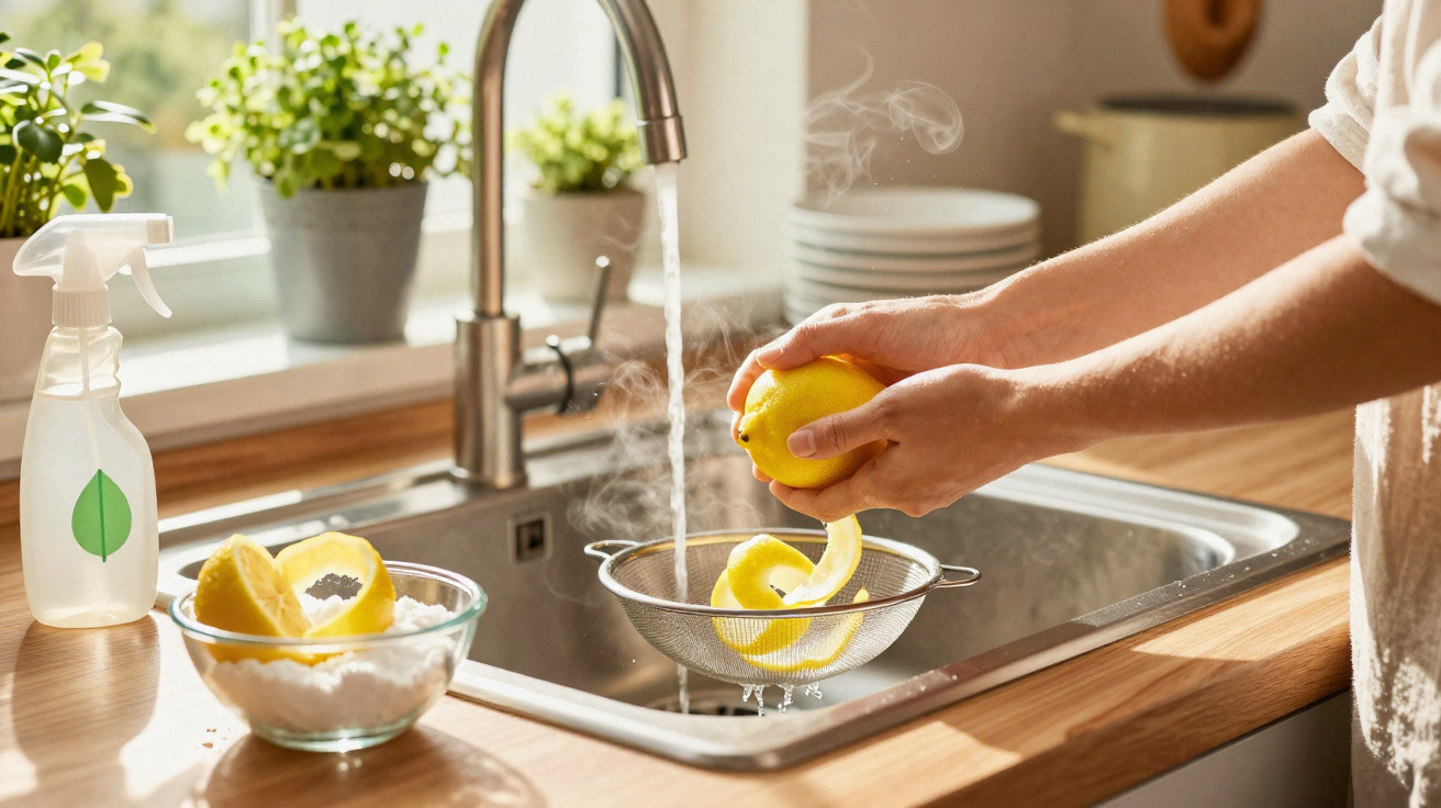 Heißes Wasser läuft in Spüle, Hände schälen gelbe Zitronenschale über Sieb in sonniger Küche.