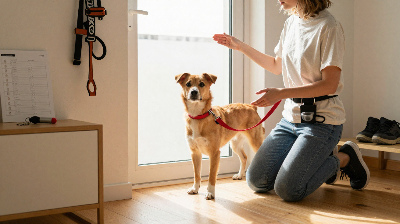 Frau trainiert ihren Hund mit rotem Halsband und Leine vor einer Glastür im hellen Raum.
