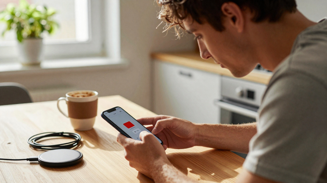 Junger Mann sitzt an Holztisch in moderner Küche und bedient Smartphone mit kabellosem Ladegerät und Kaffee daneben.