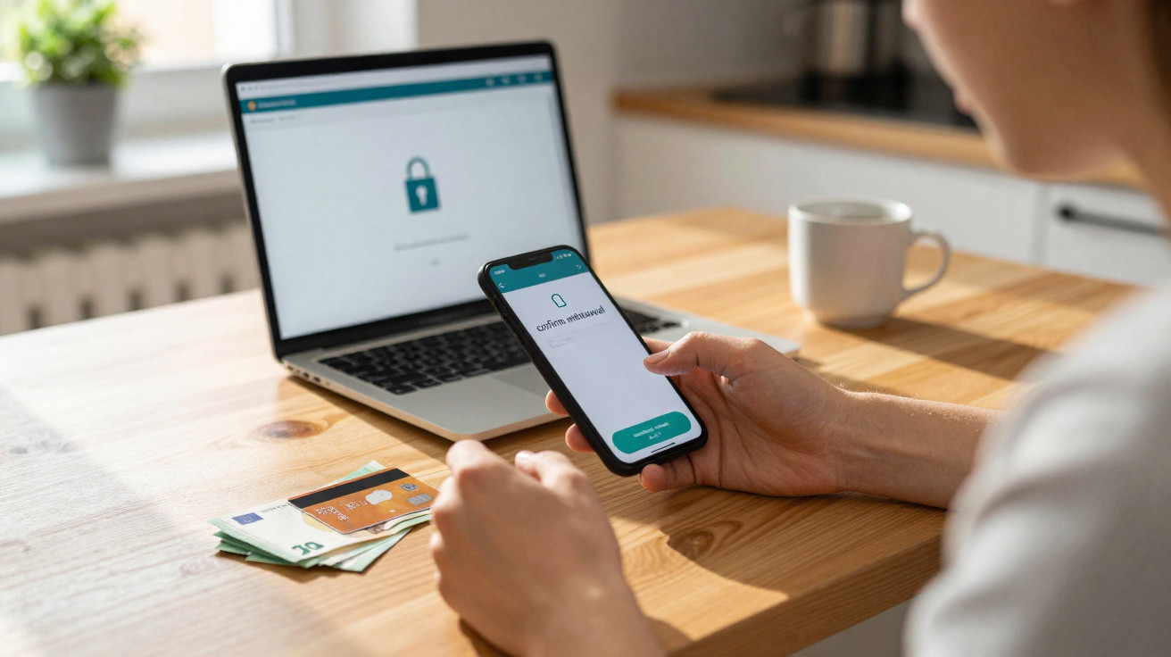 Person hält Smartphone mit Sicherheits-App vor offenem Laptop mit Schloss-Symbol auf Tisch, Geld und Tasse sichtbar.