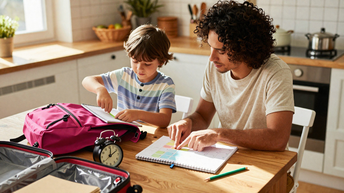 Vater hilft seinem Sohn bei den Hausaufgaben am Küchentisch mit Schulmaterial und Wecker.
