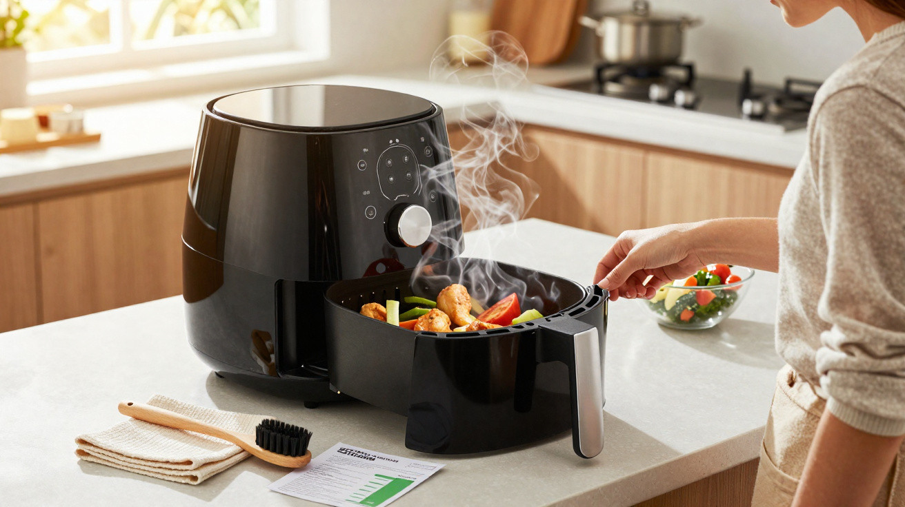 Moderne Heißluftfritteuse mit dampfendem Gemüse und Hühnchen, Person nimmt Korb heraus in heller Küche.