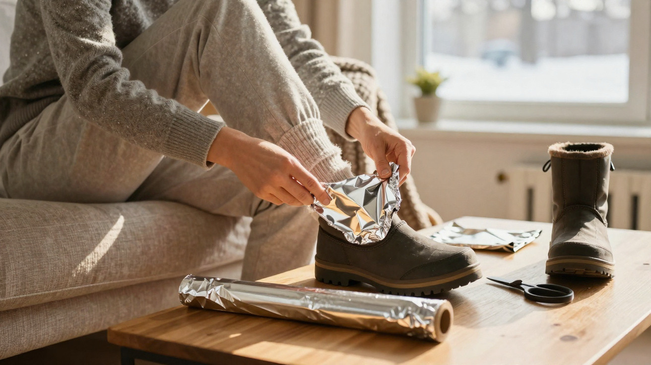 Person wickelt Aluminiumsfolie um Winterstiefel auf einem Holztisch in hellem Wohnzimmer.
