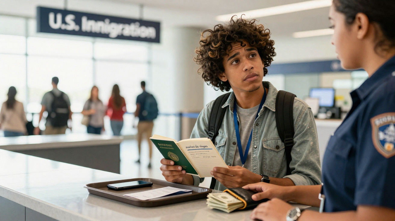 Junger Mann zeigt seinen Pass einem US-Grenzbeamten am Immigration-Schalter im Flughafen.