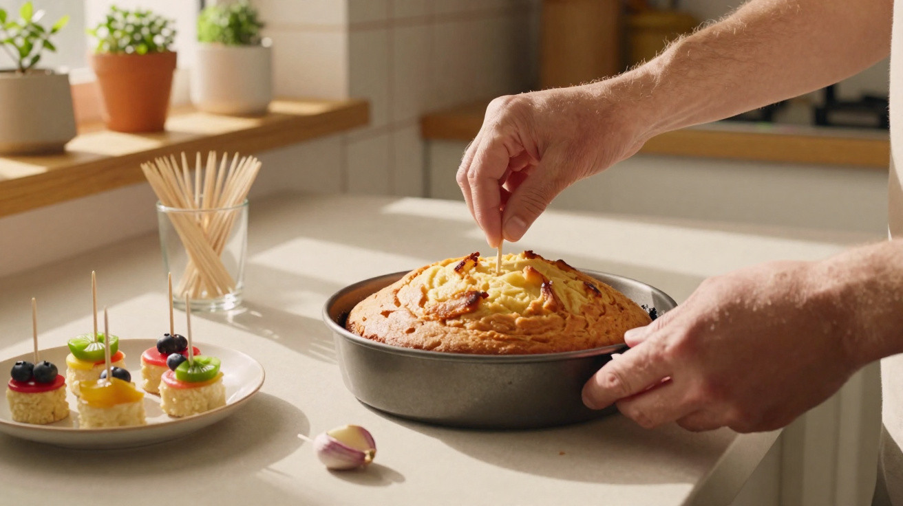 Hand steckt Zahnstocher in frisch gebackenen Kuchen auf Küchentheke mit kleinen Häppchen und Knoblauch.