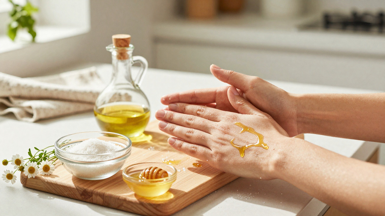 Handcreme aus Honig, Salz und Öl wird auf die Hände aufgetragen, im Hintergrund Küchenutensilien.