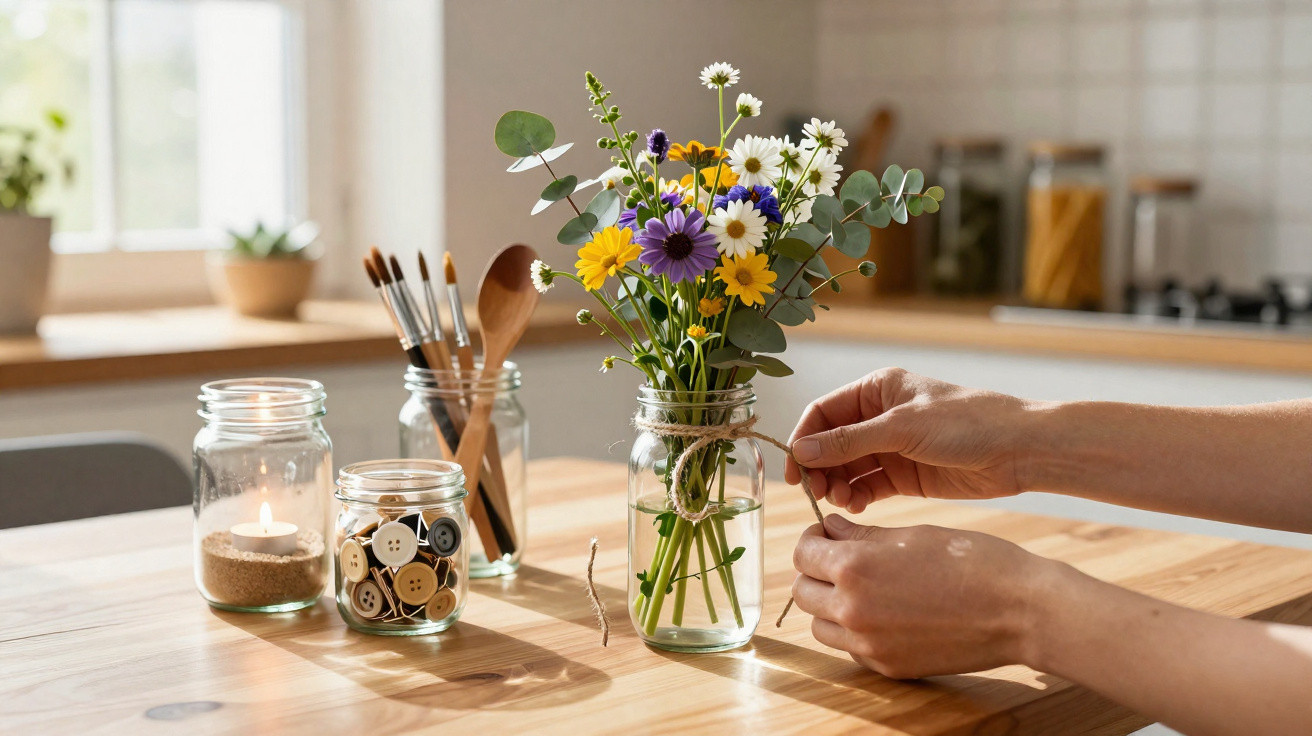 Hände binden Schnur um Glasvase mit bunten Blumen auf hellem Holztisch in Küche.