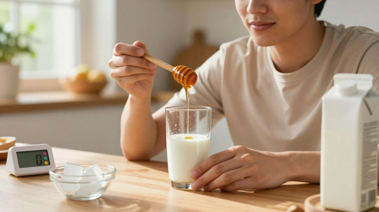 Person gießt Honig mit einem Holzlöffel in ein Glas Milch auf einem Holztisch.
