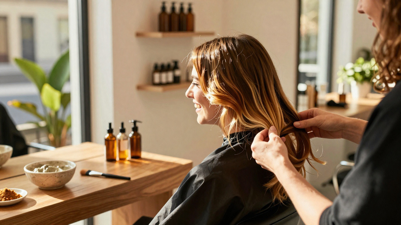 Friseurin kämmt und stylt die Haare einer lächelnden Kundin im hellen Salon mit Holzmöbeln.