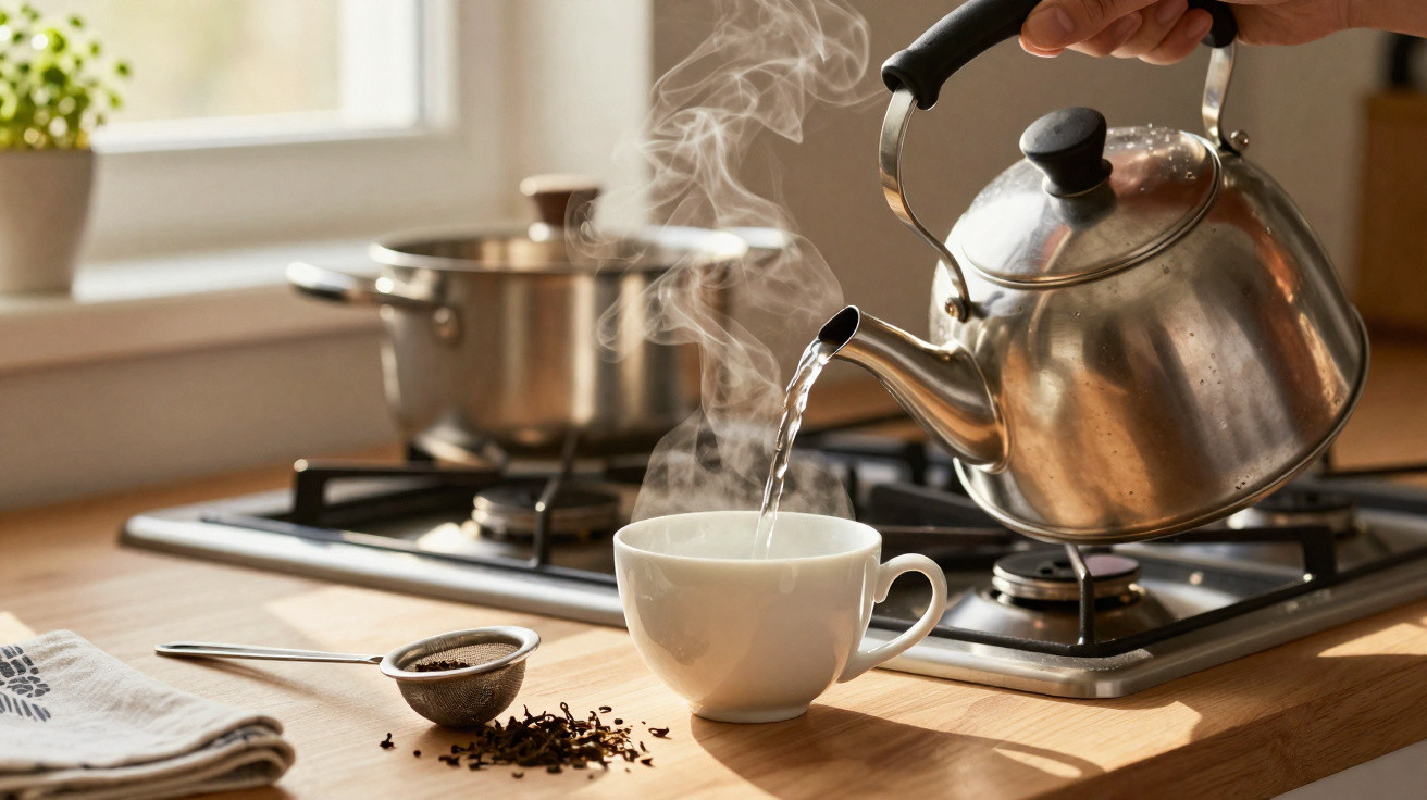 Dampfender Wasserkessel gießt heißes Wasser in weiße Tasse auf Holztisch in Küche bei Tageslicht.
