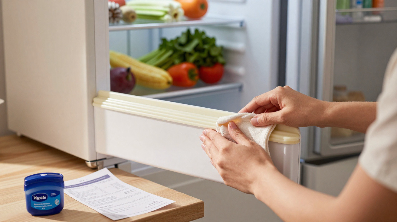 Person reinigt Kühlschrankdichtung mit Tuch, geöffneten Kühlschrank im Hintergrund mit Gemüse und Obst.