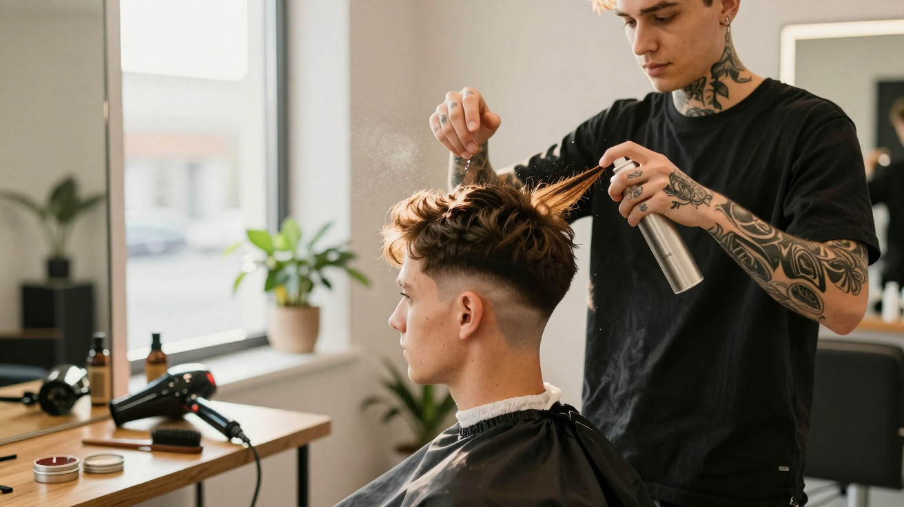 Frisör stylt jungen Mann im Salon, sprüht Haarspray auf die Haare, um den Look zu fixieren.
