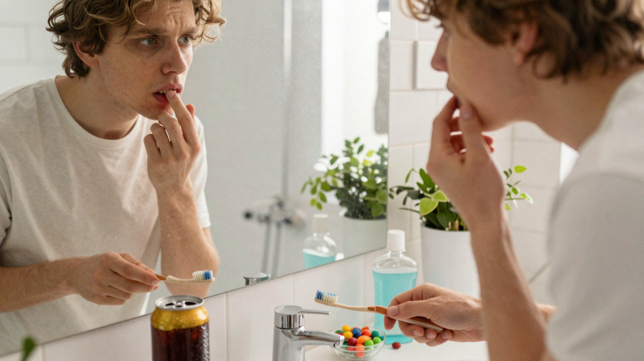 Junger Mann untersucht seine Lippen im Badezimmer vor dem Spiegel mit Zahnbürste und bunten Bonbons.