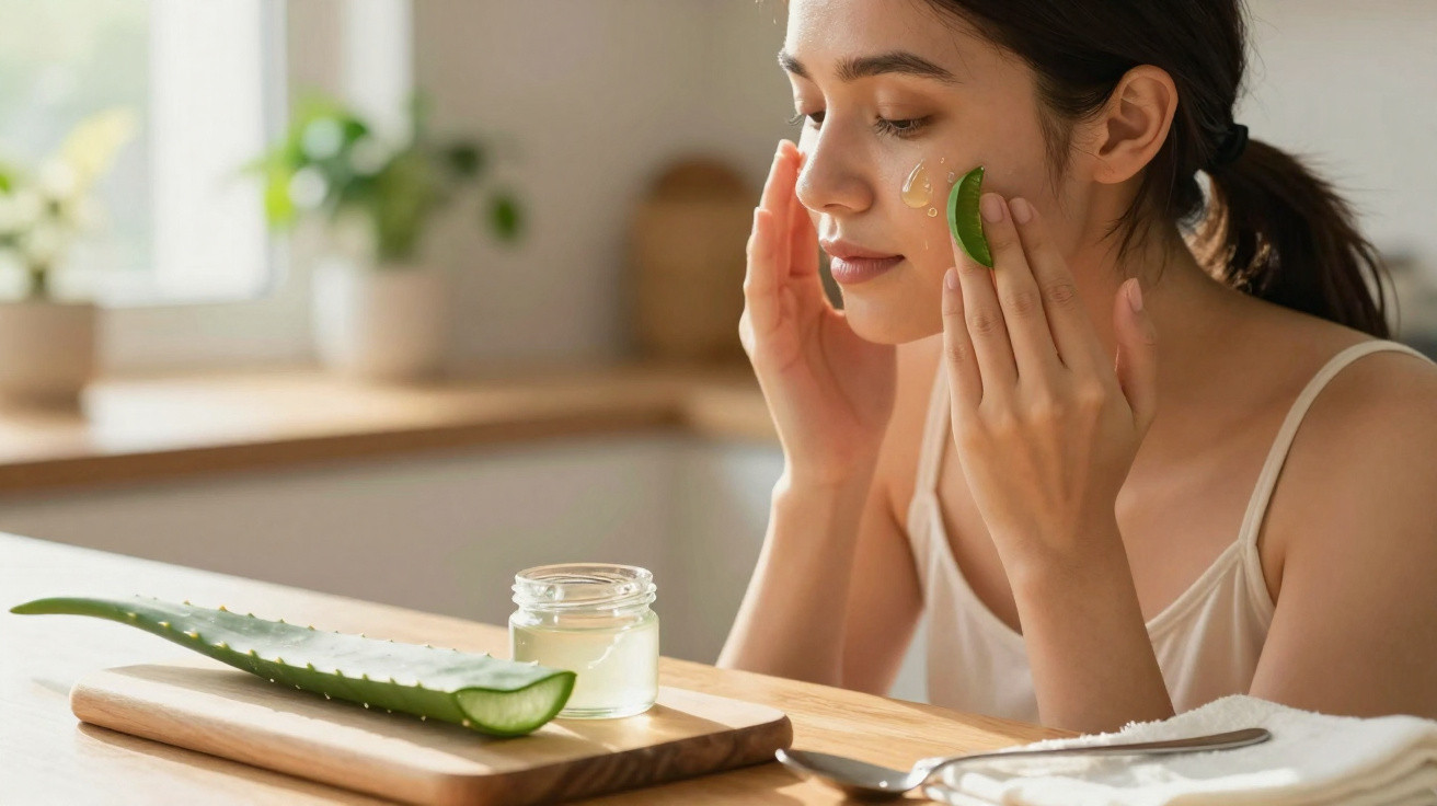 Frau trägt Aloe-Vera-Gel auf Gesicht auf, sitzend an Tisch mit Aloe-Vera-Blatt und Glas mit Gel.