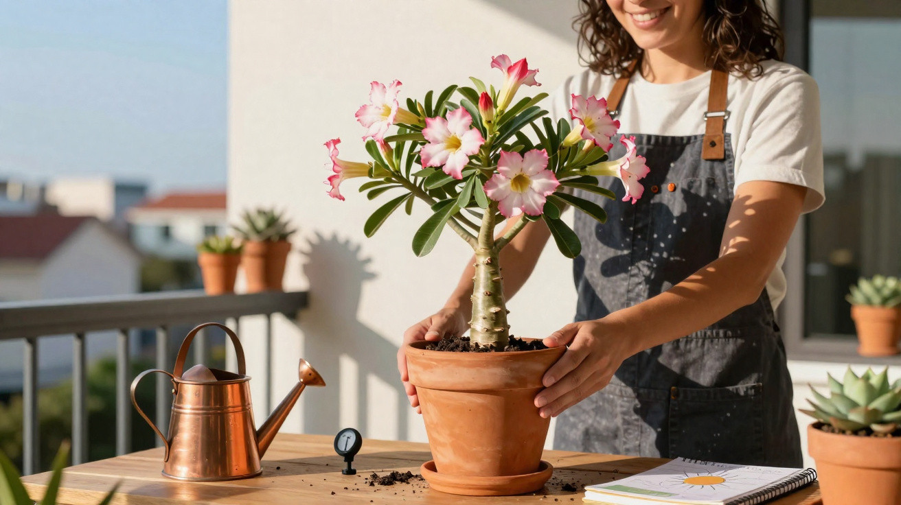 Frau gießt und pflegt blühende rosa-weiße Pflanze in Tontopf auf Balkon bei Sonnenschein.