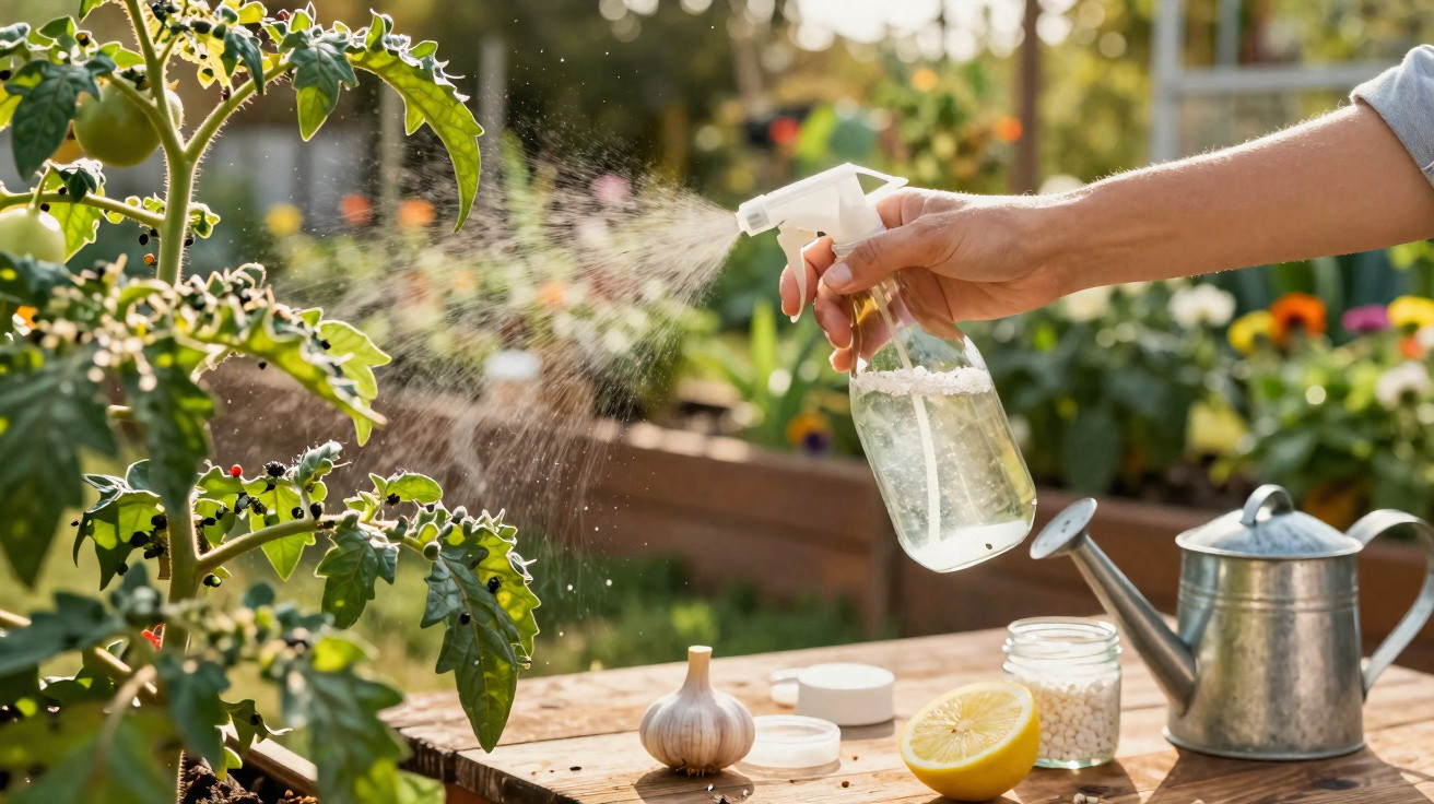 Hand sprüht Pflanze mit Wasser im Garten, Knoblauch, Zitrone und Gießkanne auf Tisch sichtbar.