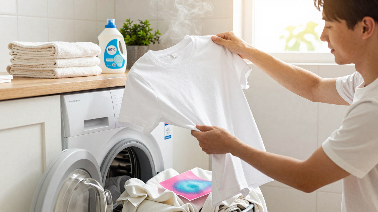 Mann hält dampfendes weißes T-Shirt vor geöffneter Waschmaschine in hellem Waschraum.