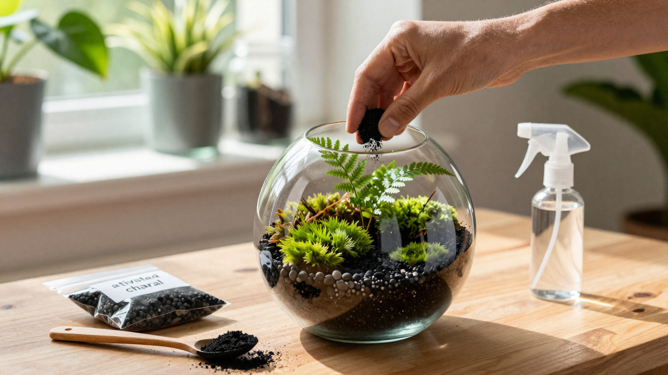 Hand legt Kokoserde in ein rundes Glas-Terrarium mit Farne und Moos auf einem Holztisch mit Pflanzen im Hintergrund.