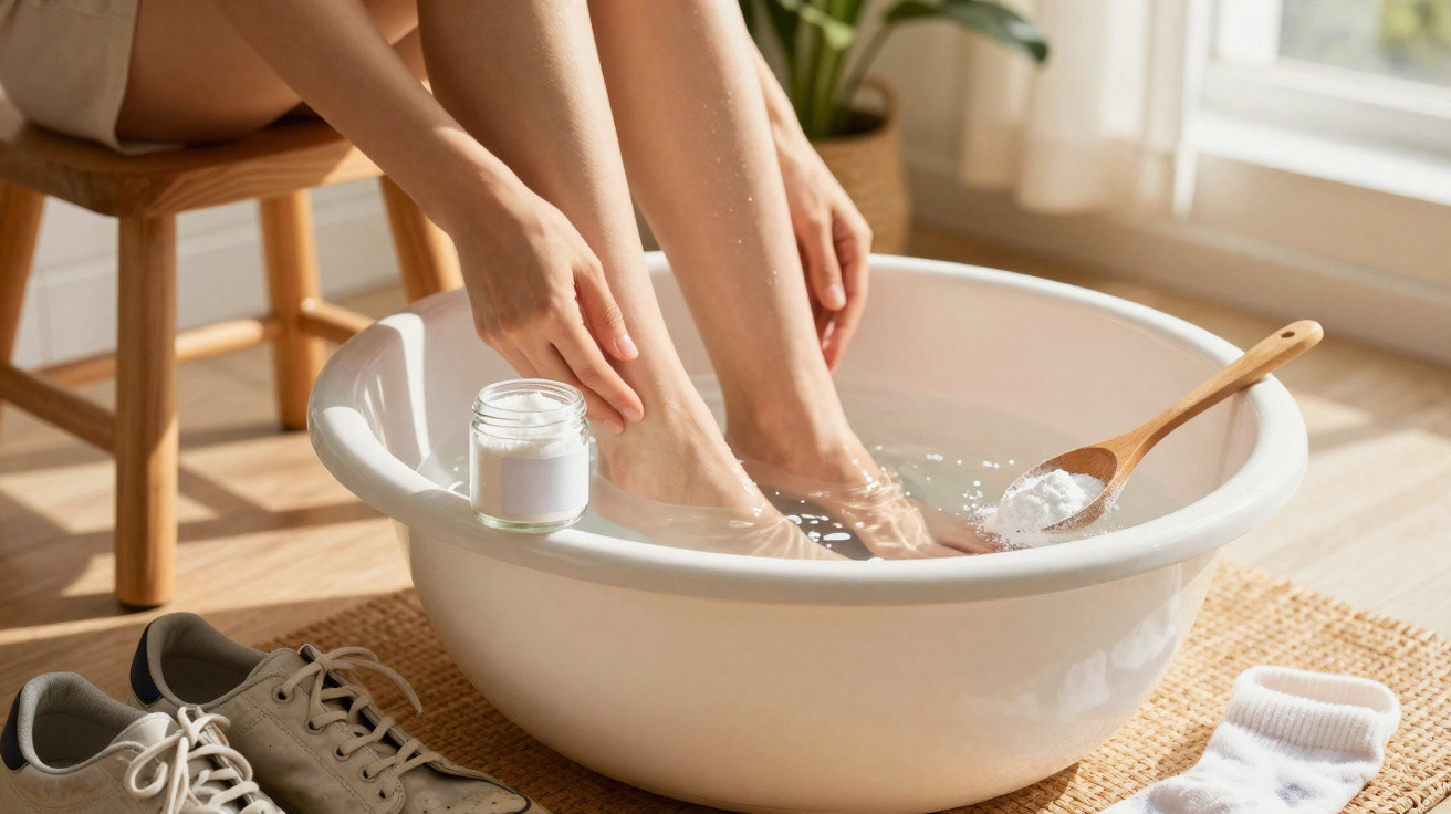 Person badet Füße in einer weißen Wanne mit Wasser und Natron in hellem, gemütlichem Raum.